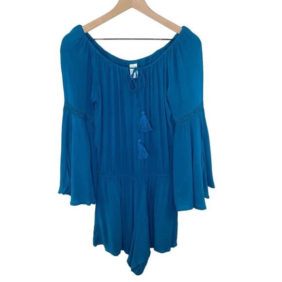 L*Space Mediterranean Spirt Teal Off The Shoulder Split Bell Sleeve Romper Sz S - Picture 3 of 9